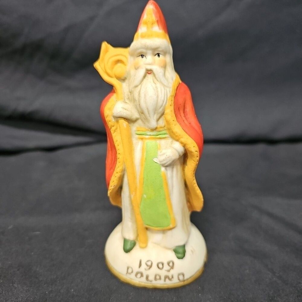 Vintage Poland Santa 1909 Era Stamped on Base 5” Tall Porcelain Figurine Red